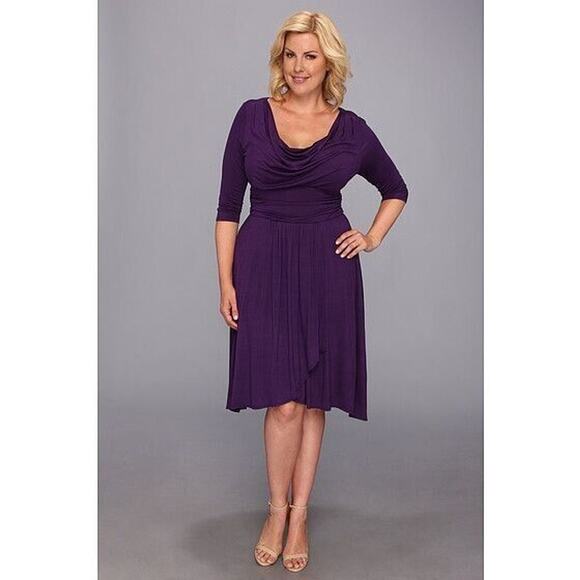 Kiyonna Dress Purple Draped In Class Cowl Neck Tulip Hem Empire Waist Size 10-12 - Picture 2 of 9